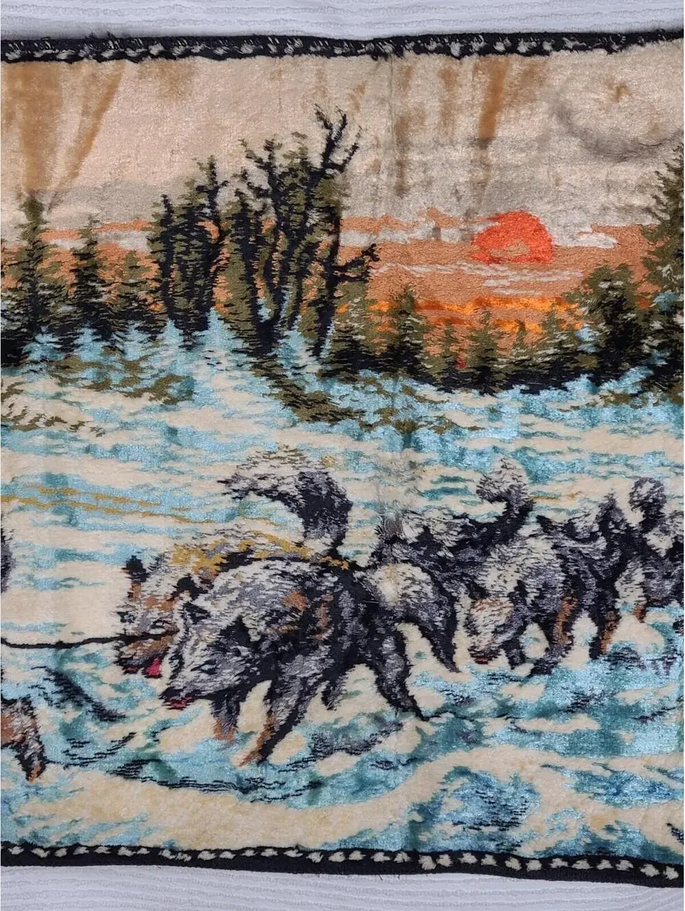 Vtg Velvet Tapestry Cotton Wall Art 41x20” Winter Sleigh Dogs Scene Retro